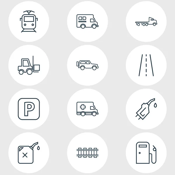 Illustrazione vettoriale di 12 icone che trasportano lo stile della linea. Set modificabile di strada, stazione di servizio, camion pianale e altri elementi icona . — Vettoriale Stock