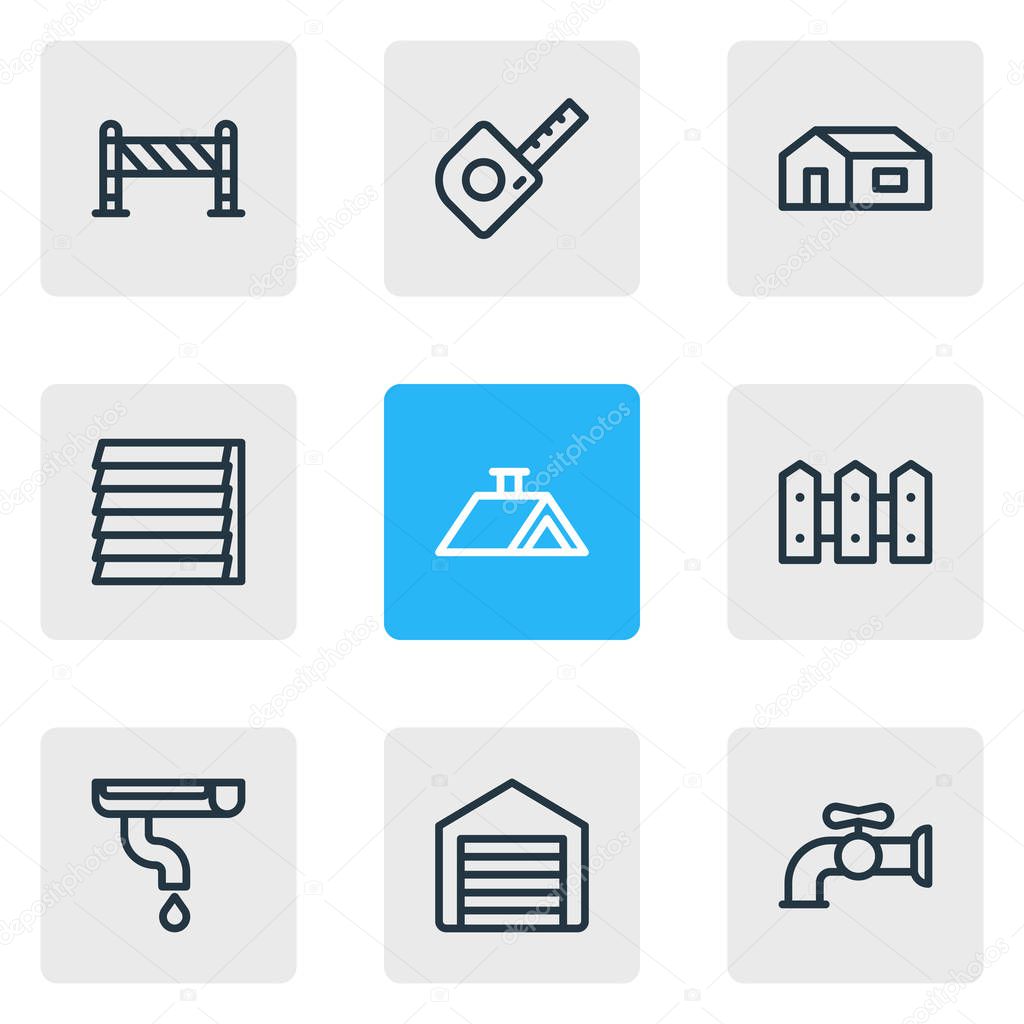 Vector illustration of 9 architecture icons line style. Editable set of siding, gutter, roof and other icon elements.