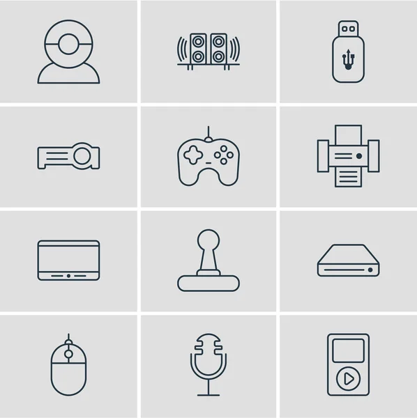 Illustration de 12 icônes gadget style ligne. Ensemble modifiable de lecteur flash, lecteur mp3, manette de jeu et autres éléments d'icône . — Photo