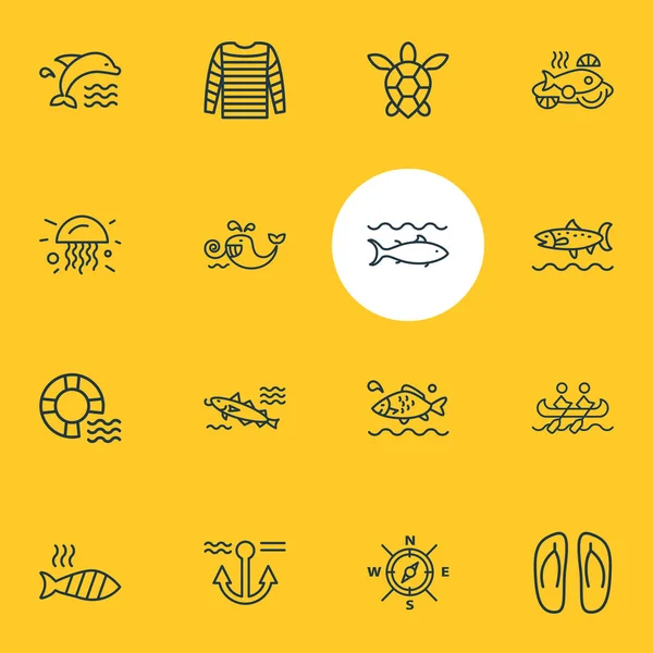 Ілюстрація 16 морських іконок стилю лінії. Набір риби на грилі, води, дельфінів та інших елементів піктограми . — стокове фото