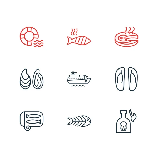 Ilustración de 9 iconos de mar estilo de línea. Conjunto editable de barco, sardina, boya salvavidas y otros elementos del icono . —  Fotos de Stock