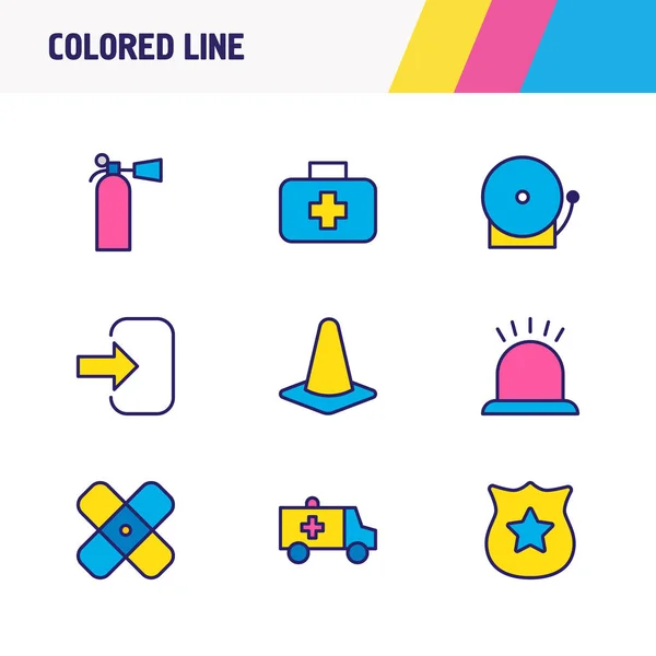 Ilustración de 9 iconos adicionales línea de color. Conjunto editable de extintor de incendios, cono, ambulancia y otros elementos del icono . — Foto de Stock