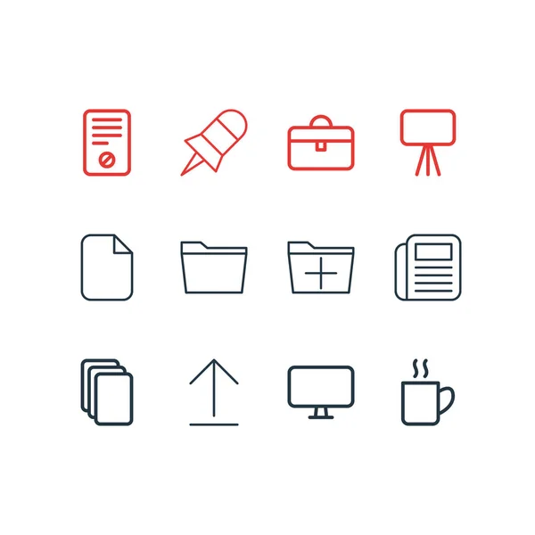 Ilustración de 12 iconos de la oficina estilo de línea. Conjunto editable de presentación, en blanco, periódico y otros elementos del icono . —  Fotos de Stock