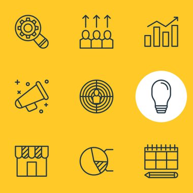 Vektör çizim simgeler çizgi stili pazarlama 9. Planlama, fikir, pasta grafiği ve diğer simge öğeleri düzenlenebilir seti.