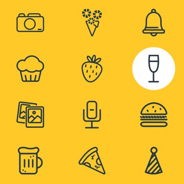 12 kutlama simgeler çizgi stili vektör Illustration. Cupcake, buket, palyaço kap ve diğer simge öğeleri düzenlenebilir kümesi.