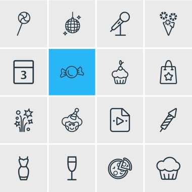 16 kutlama simgeler çizgi stili vektör Illustration. Disko topu, mikrofon, muffin ve diğer simge öğeleri düzenlenebilir kümesi.