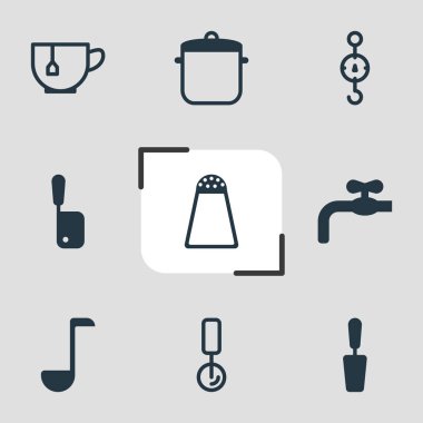 9 restoran simgeler vektör Illustration. Tuz mahzeni, turner, ölçekler ve diğer simge öğeleri düzenlenebilir kümesi.