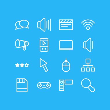 16 medya simgeleri çizgi stili vektör Illustration. Oyuncu, arama, tokmağı ve diğer simge öğeleri düzenlenebilir kümesi.