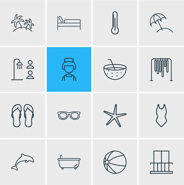 Illustratie van 16 hotel pictogrammen lijnstijl. Badpak, garderobe, thermometer en andere elementen van het pictogram bewerkbaar set. — Stockfoto