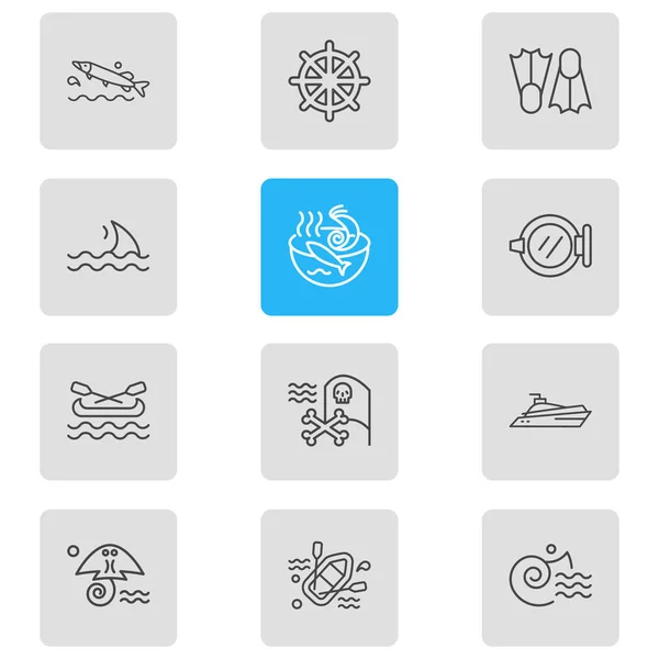 Ilustração de 12 ícones marítimos estilo linha. Conjunto editável de barbatana, janela de navio, peixe pique e outros elementos de ícone . — Fotografia de Stock