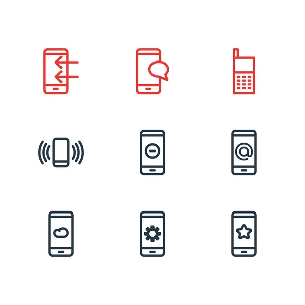 Illustrazione di 9 icone smartphone stile linea. Set modificabile di meteo, stelle, chat e altri elementi icona . — Foto Stock