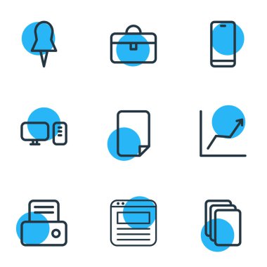 9 çalışma alanı simgeleri çizgi stili vektör Illustration. Düzenlenebilir dizi raptiye, tarayıcı sekmesi, grafik ve diğer simge öğeleri.