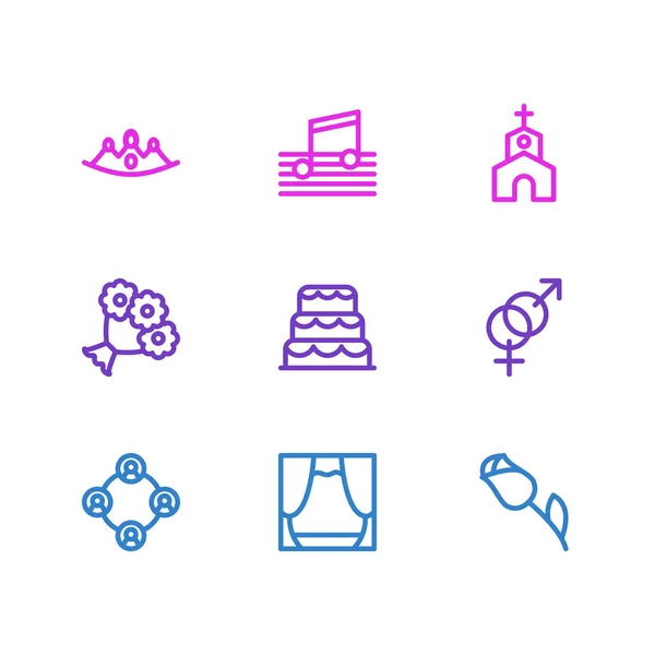 Illustration vectorielle de 9 icônes de vacances style ligne. Ensemble modifiable de fleurs, musique, scène et autres éléments d'icône . — Image vectorielle