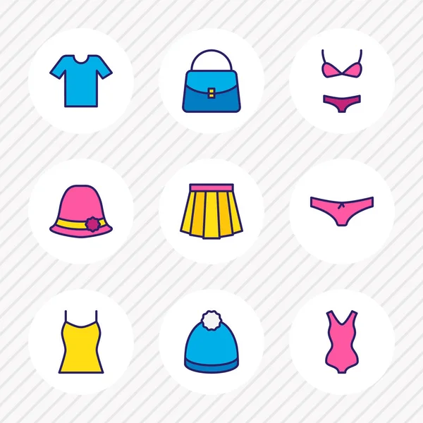 Ilustração vetorial de 9 ícones de roupas coloridas linha. Conjunto editável de chapéu de inverno, saco, roupa interior e outros elementos de ícone . —  Vetores de Stock