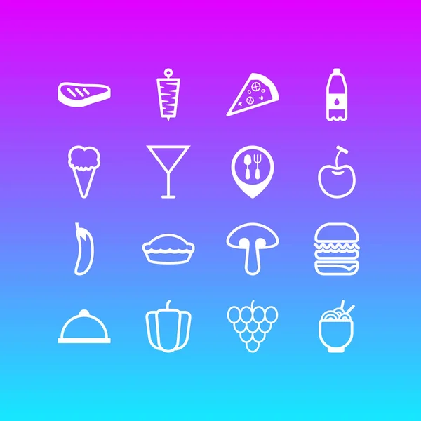 Ilustración vectorial de 16 iconos de comer estilo de línea. Conjunto editable de pizzería, pimiento, berenjena y otros elementos del icono . — Archivo Imágenes Vectoriales