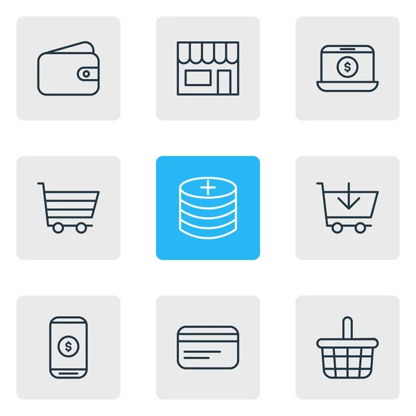 9 toptan simgeler çizgi stili vektör Illustration. Ticaret, sepet, salonu ve diğer simge öğeleri düzenlenebilir kümesi.