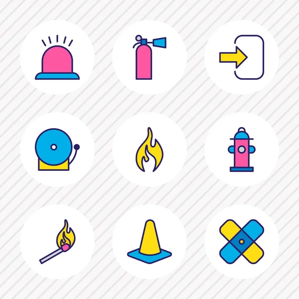 Ilustración de 9 iconos adicionales línea de color. Conjunto editable de fuego, cono, sirena y otros elementos del icono . —  Fotos de Stock
