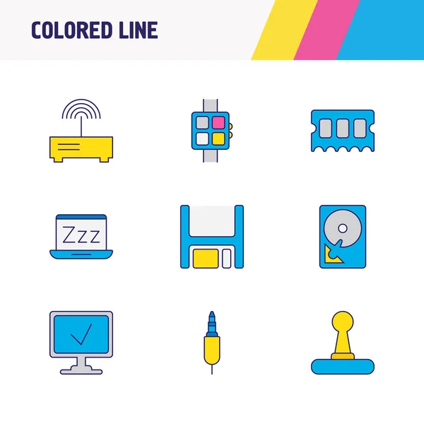 illustration of 9 computer icons colored line. Editable set of online computer, sleep mode, modem and other icon elements.