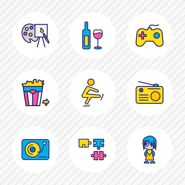 illustration of 9 hobby icons colored line. Editable set of painting, wine bottle, skating and other icon elements.