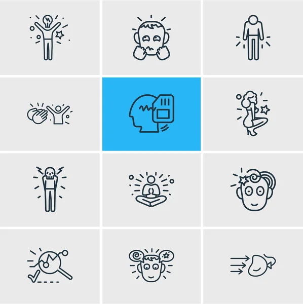 12 érzelem ikonok vonalstílus illusztrációja. Szerkeszthető sor ihletett, csodálom, meditáció és más ikon elemek. — Stock Fotó