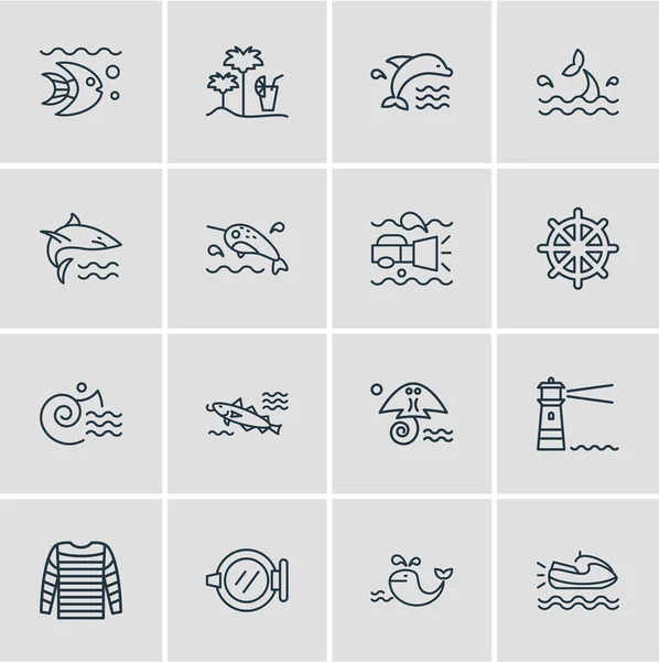 Illustration von 16 Schiffsikonen im Linienstil. editierbares Set aus Stripweste, Leuchtturm, Kabeljau und anderen Symbolelementen. — Stockfoto