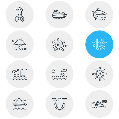 12 deniz simgeleri çizgi stili vektör Illustration. Çapa, morina balığı, vatoz ve diğer simge öğeleri düzenlenebilir kümesi.