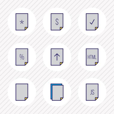 9 belge simgeleri renkli çizgi vektör Illustration. Önemli dosya, boş sayfa, yükleme ve diğer simge öğeleri düzenlenebilir kümesi.