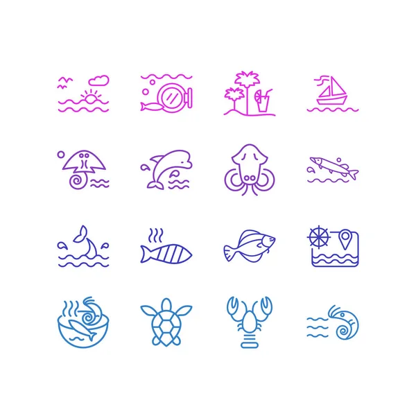 Vektorillustration von 16 nautischen Symbolen im Linienstil. editierbare Inselbar, Sonnenuntergang im Meer, gegrillte Fischsymbole. — Stockvektor
