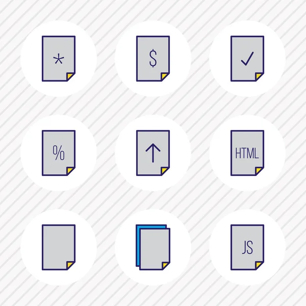 Ilustracja wektorowa wiersz kolorowe ikony 9 dokumentu. Można edytować zbiór ważnych plików, pustą stronę, Prześlij i inne elementy ikona. — Wektor stockowy