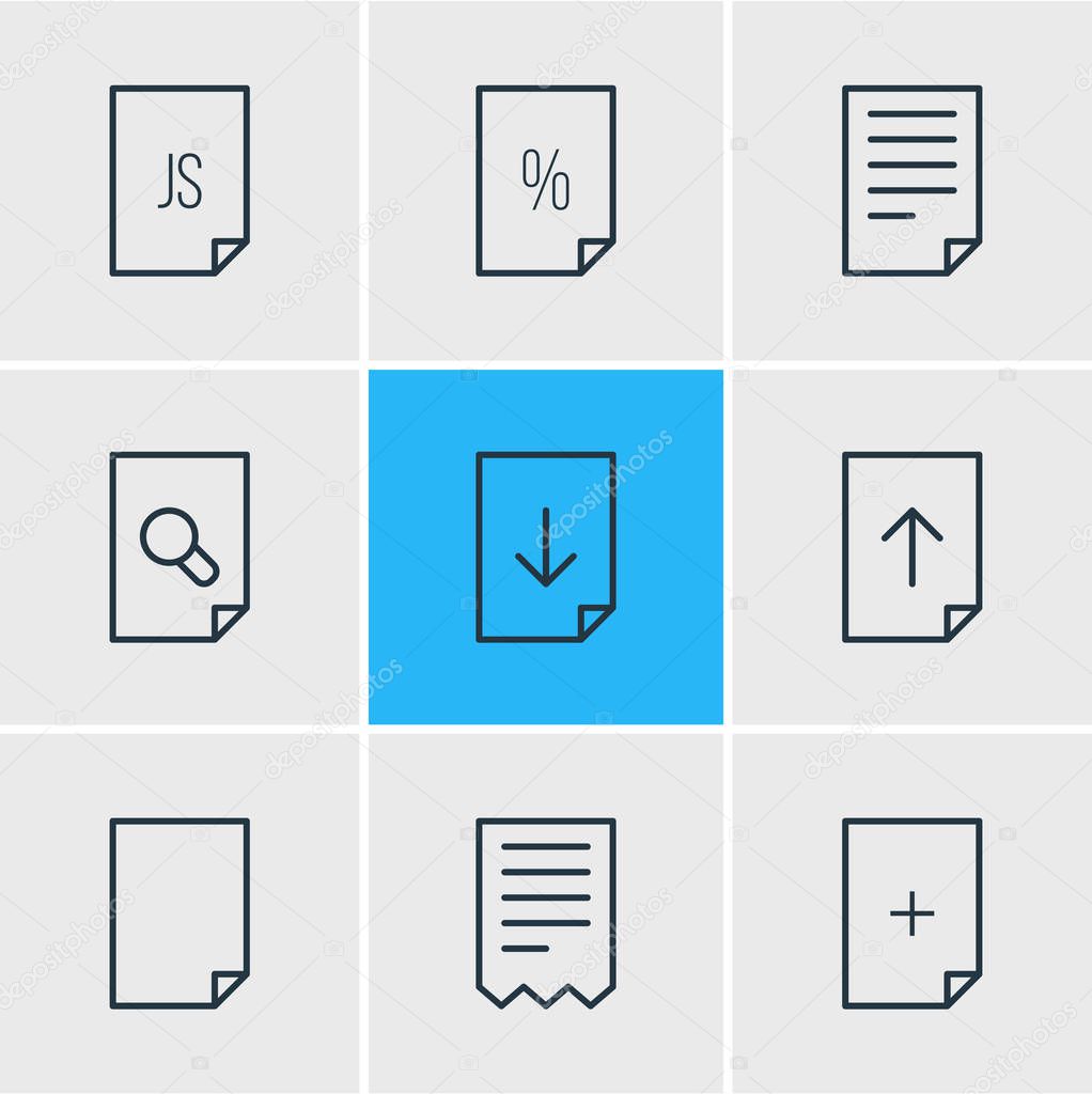 Vector illustration of 9 document icons line style. Editable set of download, add, corrupted and other icon elements.