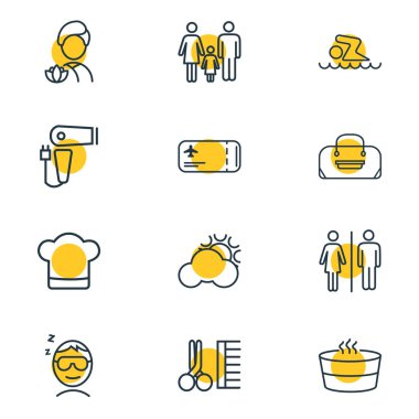 Vektör çizim 12 simgeleri çizgi stili seyahat. Bagaj, Aile, saç kurutma makinesi ve diğer simge öğeleri düzenlenebilir kümesi.