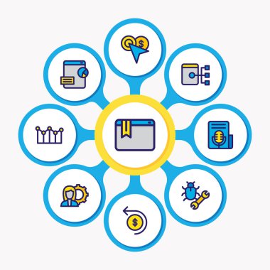 9 reklam simgeler renkli çizgi vektör Illustration. Adwords kampanyası, hata düzeltme, basın açıklaması ve diğer simge öğeleri düzenlenebilir kümesi.