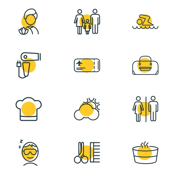 Vektoros illusztráció 12 utazási ikonok vonalstílust. A poggyász, a család, a hajszárító és a ikon elemeivel szerkeszthető készlet. — Stock Vector