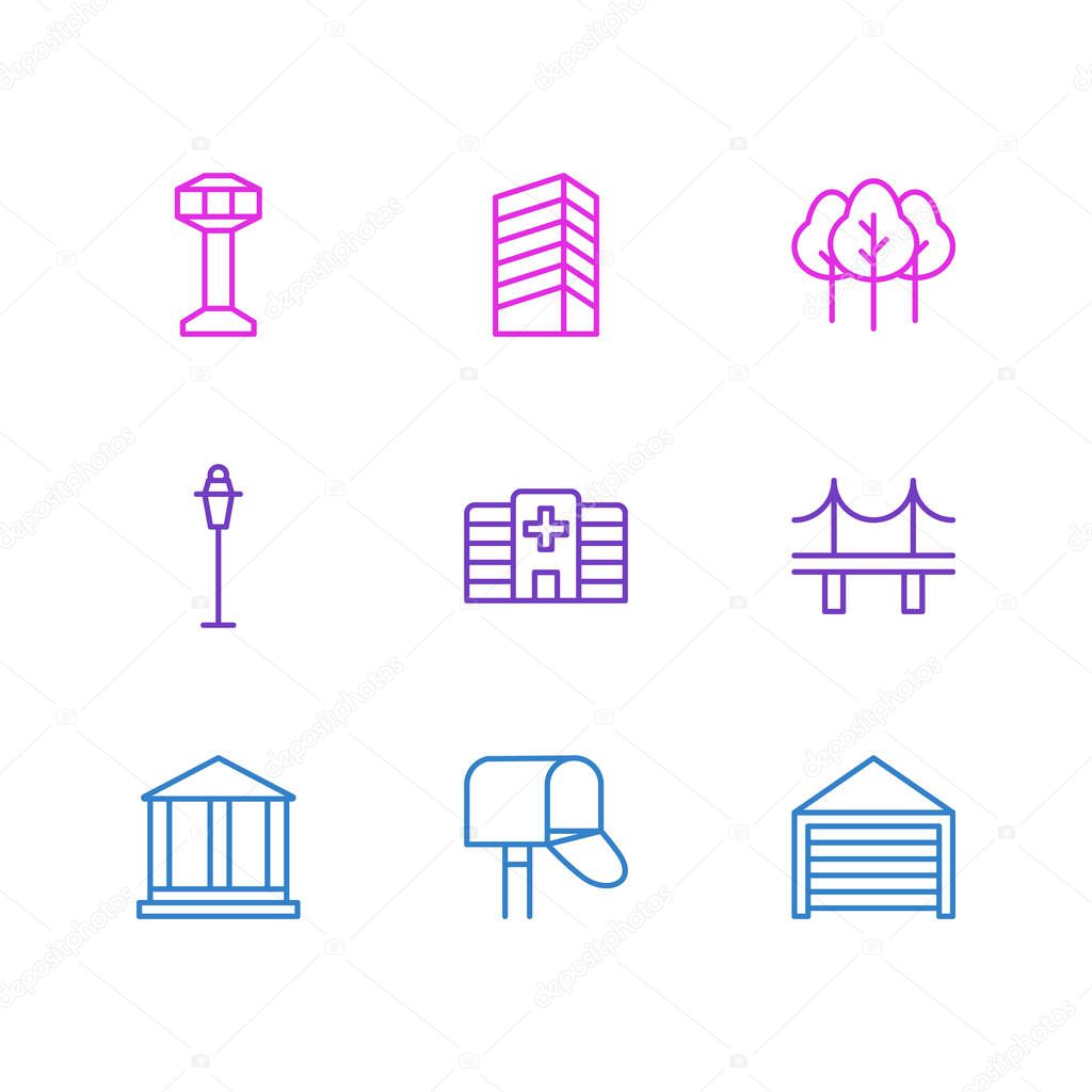 Vector illustration of 9 city icons line style. Editable set of streetlight, building, bridge and other icon elements.