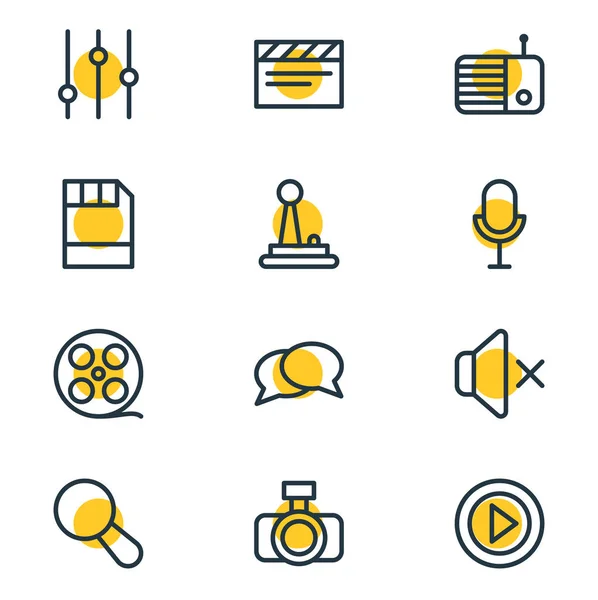 Illustrazione di 12 icone musicali stile linea. Set modificabile di ricerca, floppy disk, bobina di film e altri elementi icona . — Foto Stock