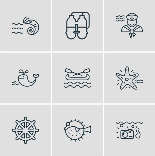 Ілюстрація 9 морських іконок стилю лінії. Підходящий набір суднових руків'я, бак-близнюк, каное та інші елементи піктограм . — стокове фото