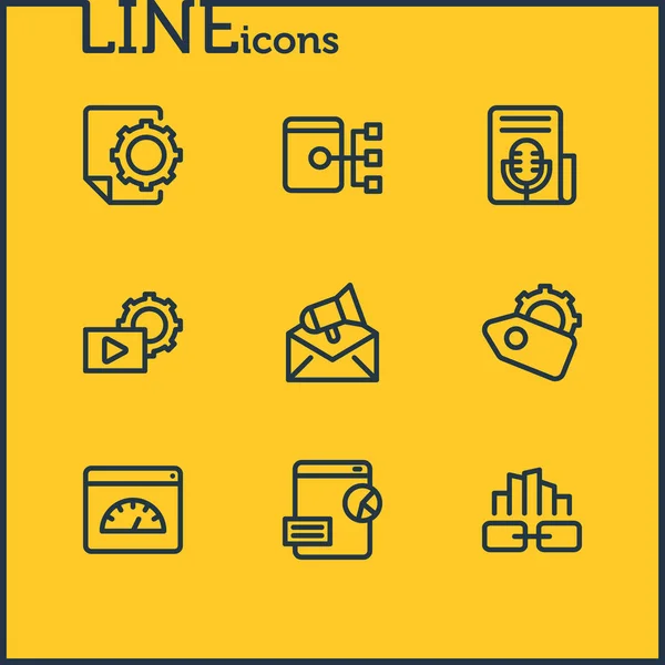 Illustration of 9 marketing icons line style. Editable set of SEO report, SEO tag, email marketing and other icon elements. — Stock Photo, Image