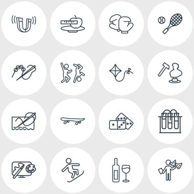 16 hobi simgeleri çizgi stili vektör Illustration. Dikiş, kaykay, boks ve diğer simge öğeleri düzenlenebilir kümesi.