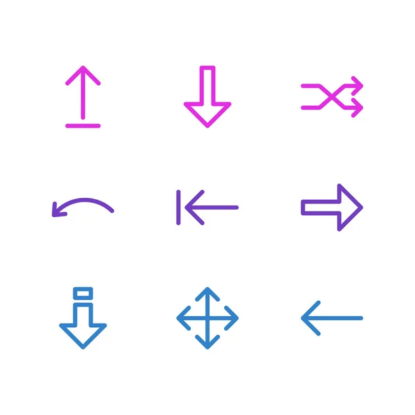 Illustrazione vettoriale di 9 frecce icone stile linea. Set modificabile di elementi di puntamento, backspace, ingrandimento e altre icone . — Vettoriale Stock