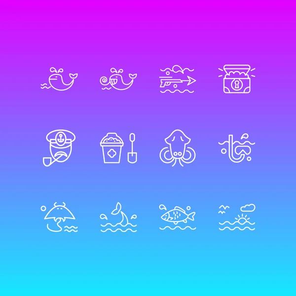 Ilustración vectorial de 12 iconos marítimos estilo línea. Conjunto editable de sepia, snorkel, cofre del tesoro y otros elementos del icono . — Archivo Imágenes Vectoriales