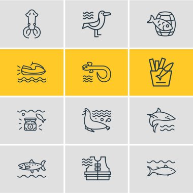 12 deniz simgeler çizgi stili Illustration. Jet ski, deniz aslanı, yılan balığı ve diğer simge öğeleri düzenlenebilir kümesi.