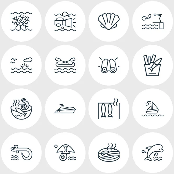 Illustratie van 16 maritieme pictogrammen lijnstijl. Bewerkbare set zoogdier, kano, soep van schaal-en schelpdieren en andere elementen van het pictogram. — Stockfoto