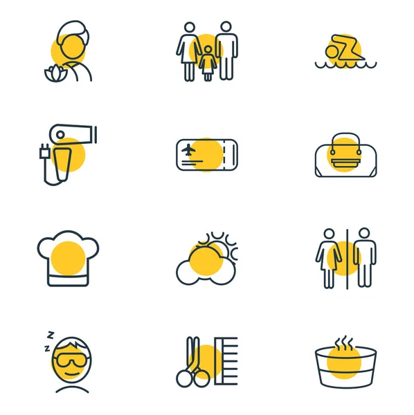 Ilustración de 12 iconos del turismo estilo de línea. Conjunto editable de equipaje, familia, secador de pelo y otros elementos del icono . —  Fotos de Stock