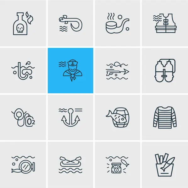 Ilustración de 16 iconos de mar estilo de línea. Conjunto editable de pescado con chips, máscara de oxígeno, riqueza y otros elementos del icono . —  Fotos de Stock