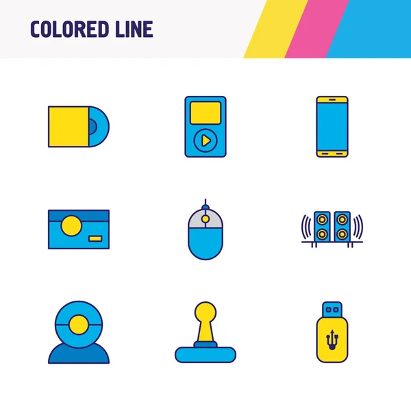 Ilustración de 9 iconos accesorios línea de color. Conjunto editable de joystick, cd-rom, reproductor de música y otros elementos del icono . —  Fotos de Stock