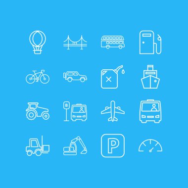 16 ulaşım simgeler çizgi stili vektör Illustration. Benzin İstasyonu, forklift, köprü ve diğer simge öğeleri düzenlenebilir kümesi.