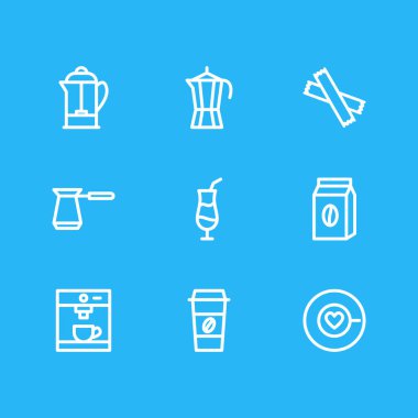 9 java simgeler çizgi stili vektör Illustration. Kahve makinesi, kahve makinesi, plastik bardak ve diğer simge öğeleri düzenlenebilir kümesi.
