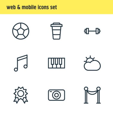 9 boş zaman simgeleri çizgi stili Illustration. Ödülü, Güneş, kamera ve diğer simge öğeleri düzenlenebilir kümesi.