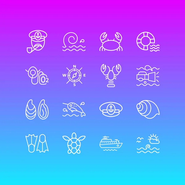 Illustratie van 16 mariene pictogrammen lijnstijl. Kapitein, onderwater zaklamp, conch en andere elementen van het pictogram bewerkbaar set. — Stockfoto