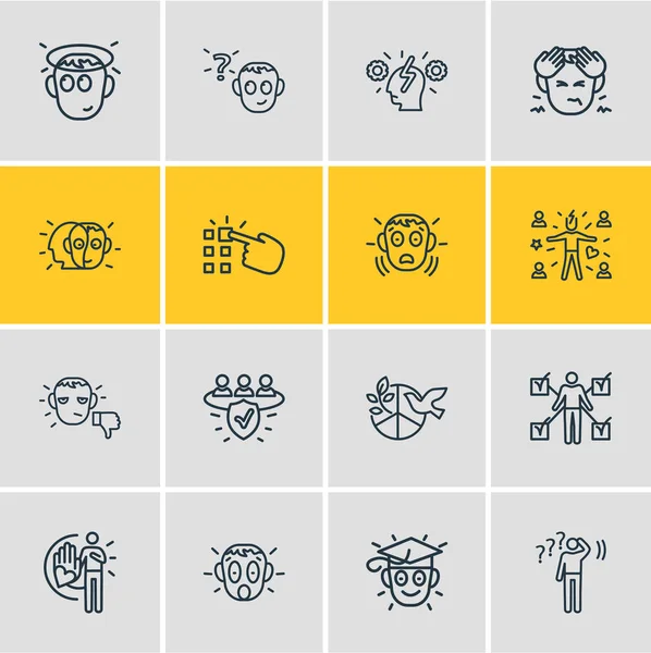 Ábra 16 emoji ikonok vonalstílus. Szerkeszthető csoportja elégedetlen, a bizalom, a kognitív folyamat és a más ikon elemek. — Stock Fotó